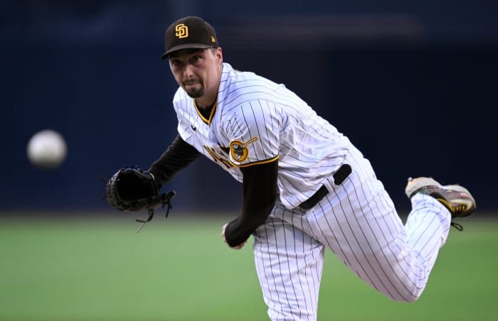 San Diego Padres starting pitcher Blake Snell throws a pitch against the SF Giants during the first inning at Petco Park on September 2, 2023.